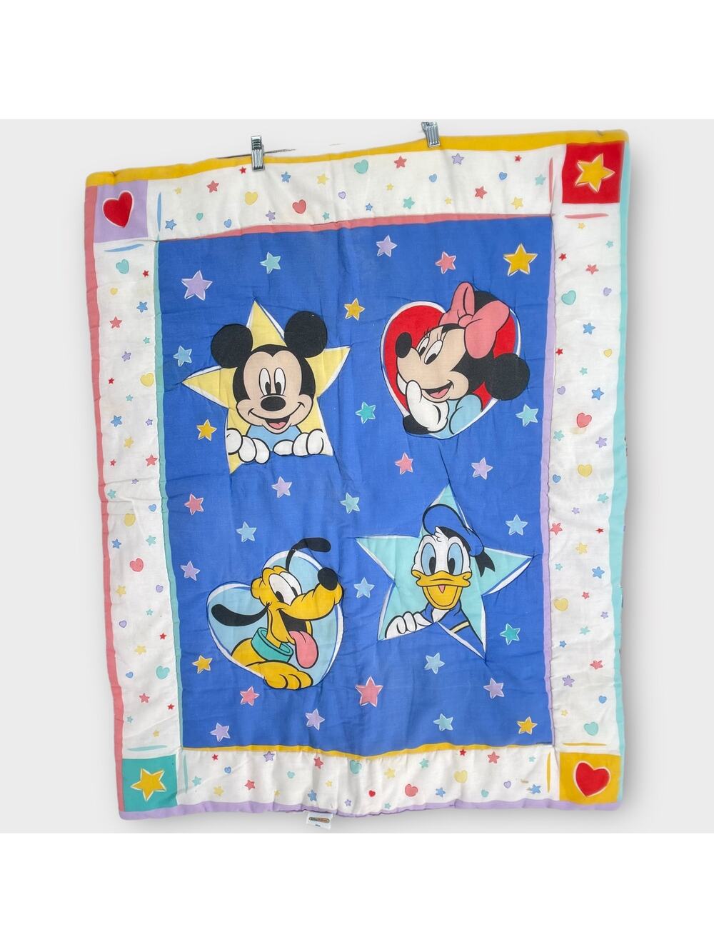 Vtg Disney Babies Quilt Mickey Minnie Stars Hearts Shapes Nursery Baby Blanket